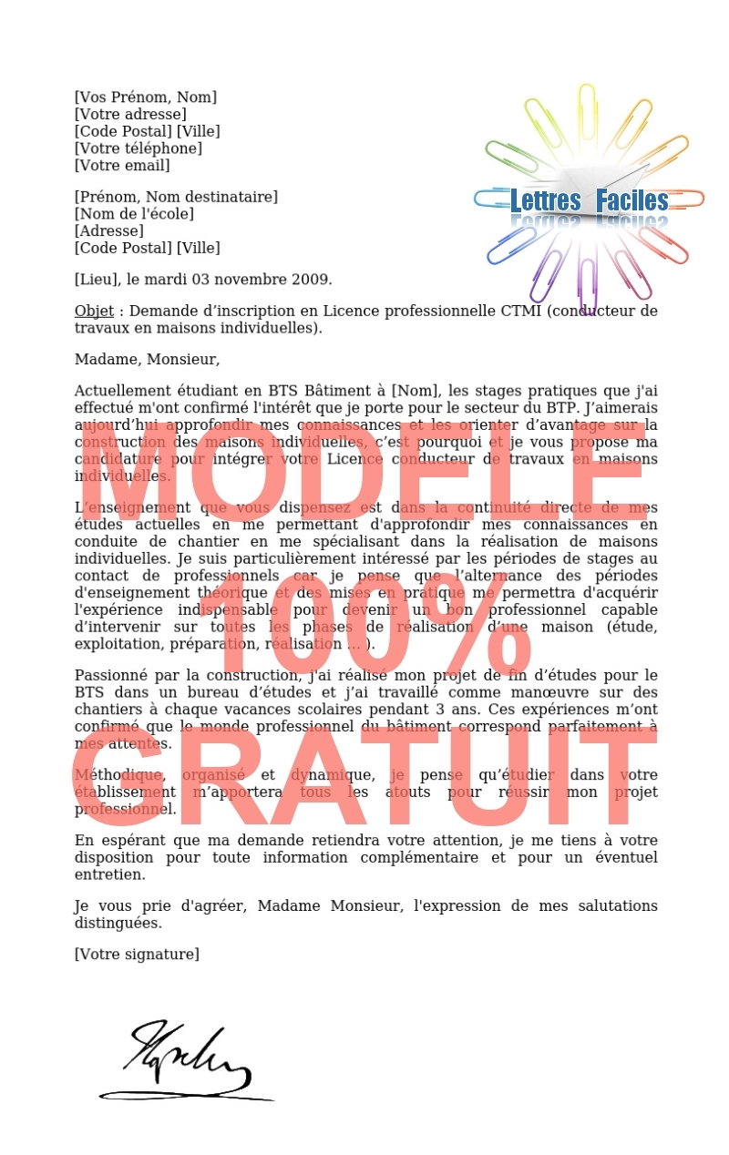 Lettre de motivation Licence pro conducteur de travaux en maisons individuelles  (CTMI) - Modèle de lettre Gratuit !