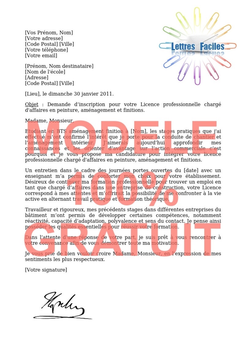 Lettre de motivation Licence pro chargé d'affaires en peinture, aménagement et finitions - Modèle de lettre Gratuit !