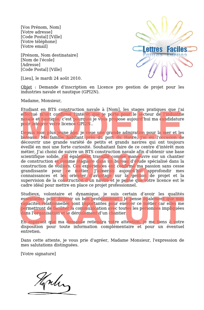 Lettre de motivation Licence pro gestion de projet pour les industries navale et nautique  (GPI2N) - Modèle de lettre Gratuit !