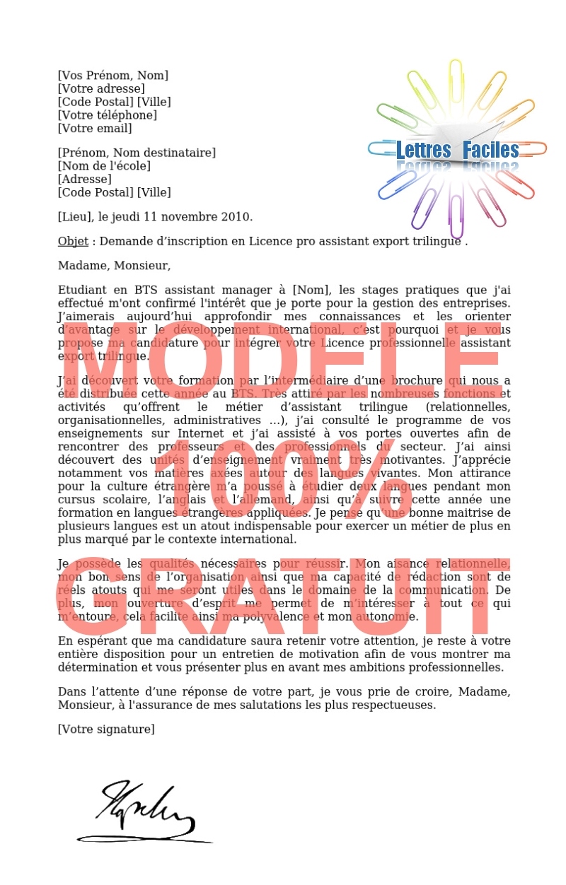 Lettre de motivation Licence pro assistant export trilingue - Modèle de lettre Gratuit !