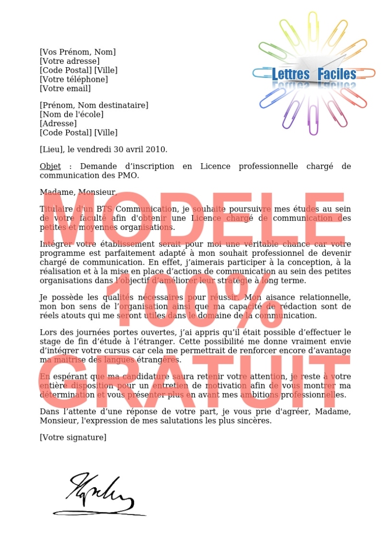 Lettre de motivation Licence pro chargé de communication des PMO - Modèle de lettre Gratuit !