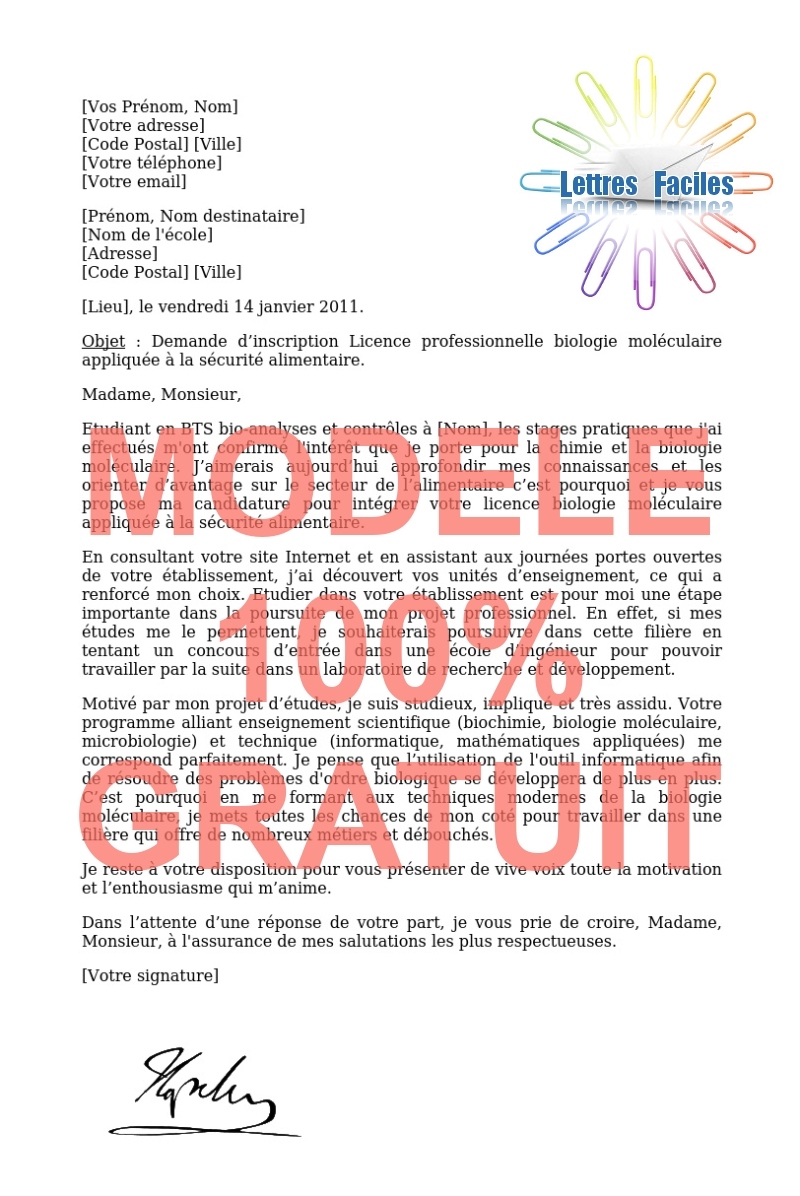 Lettre de motivation Licence pro biologie moléculaire appliquée à la sécurité alimentaire - Modèle de lettre Gratuit !