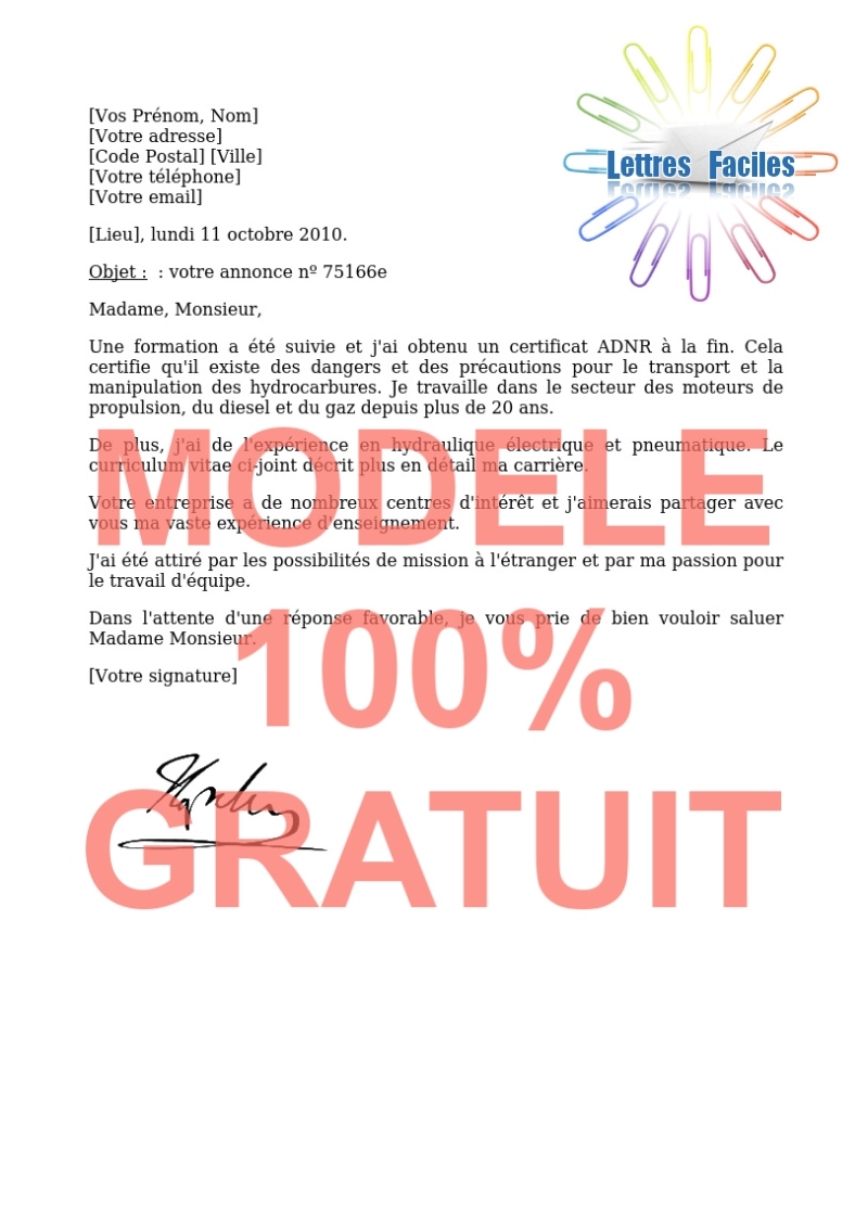 Modèle de Lettre de motivation Mécanicien - Modèle de lettre Gratuit !