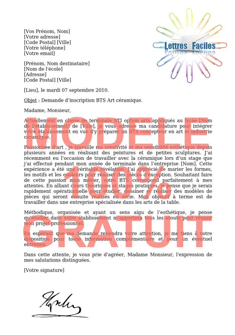 Lettre de motivation BTS concepteur en art et industrie céramique  (Art céramique) - Modèle de lettre Gratuit !