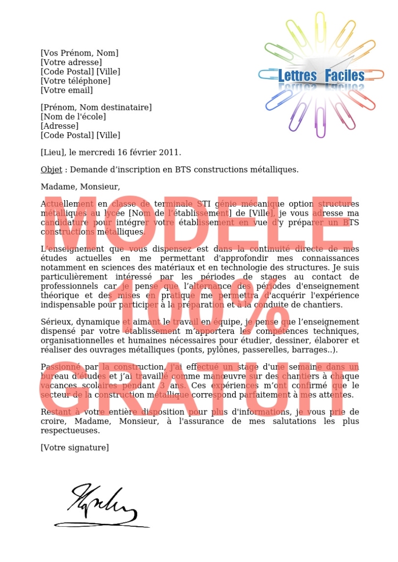 Lettre de motivation BTS constructions métalliques - Modèle de lettre Gratuit !