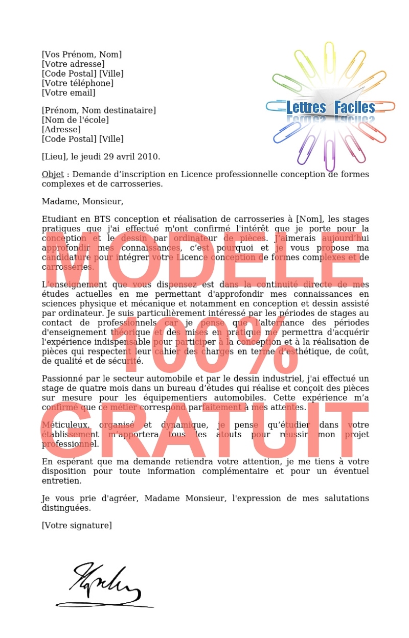 Lettre de motivation Licence pro conception de formes complexes et de carrosseries - Modèle de lettre Gratuit !