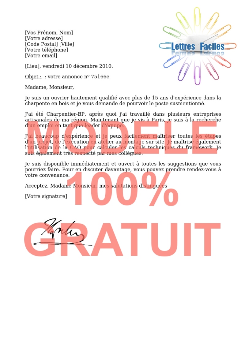 Modèle de Lettre de motivation Charpentier - Modèle de lettre Gratuit !