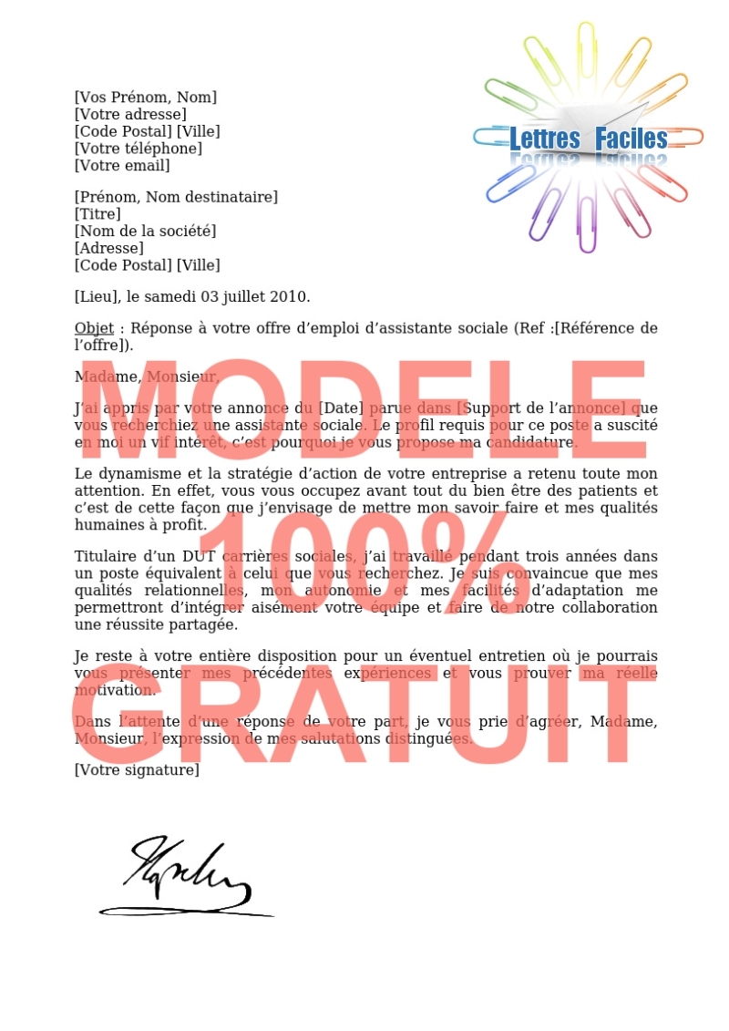 Lettre de motivation assistante sociale - Modèle de lettre Gratuit !