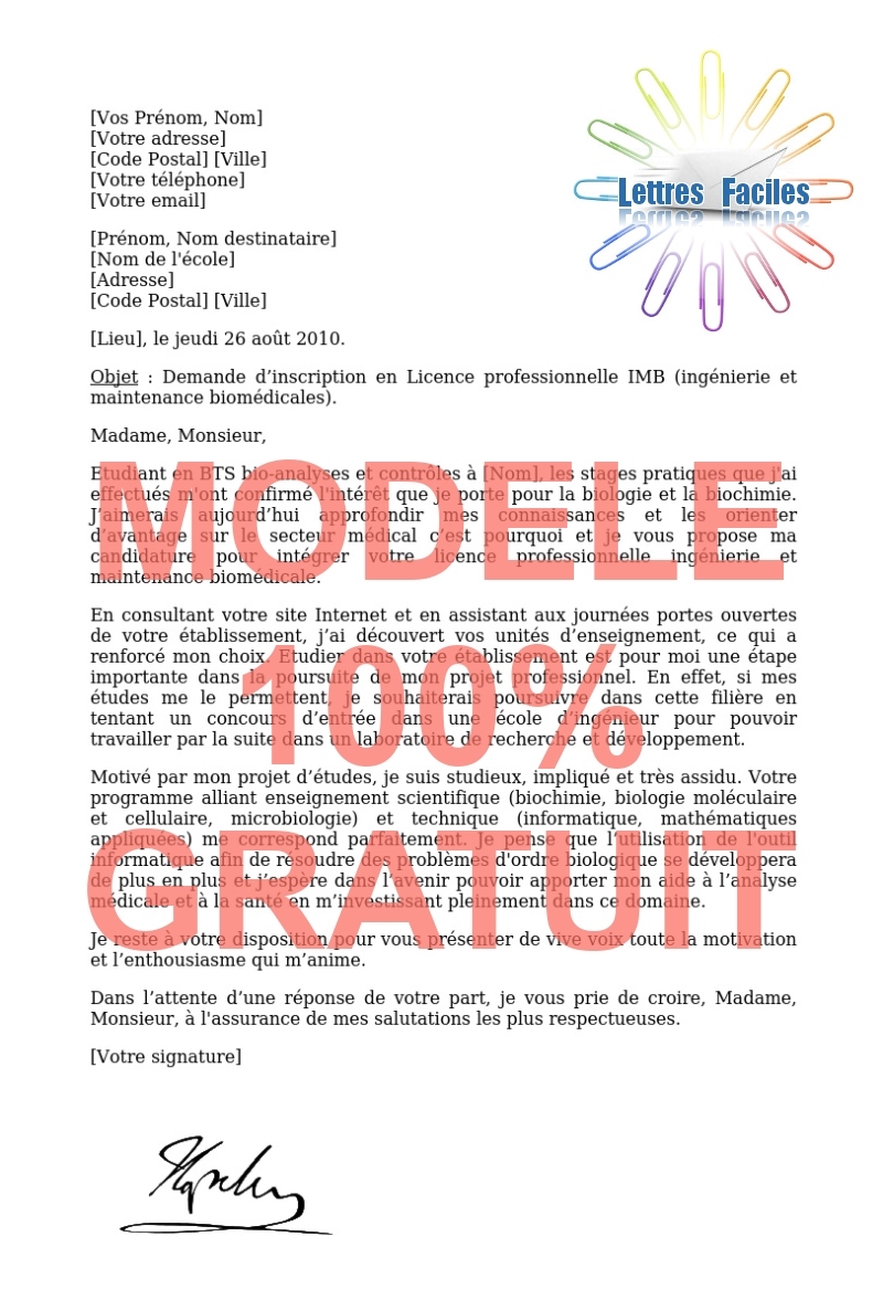 Lettre de motivation Licence pro ingénierie et maintenance biomédicales  (IMB) - Modèle de lettre Gratuit !