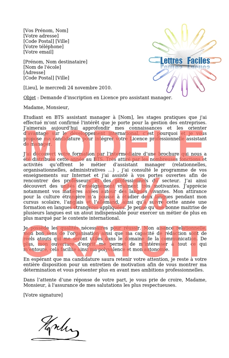 Lettre de motivation Licence pro assistant manager - Modèle de lettre Gratuit !