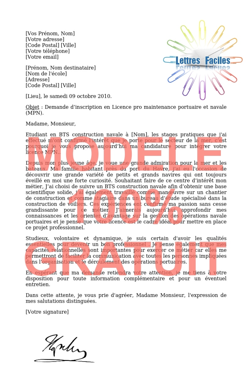 Lettre de motivation Licence pro maintenance portuaire et navale  (MPN) - Modèle de lettre Gratuit !