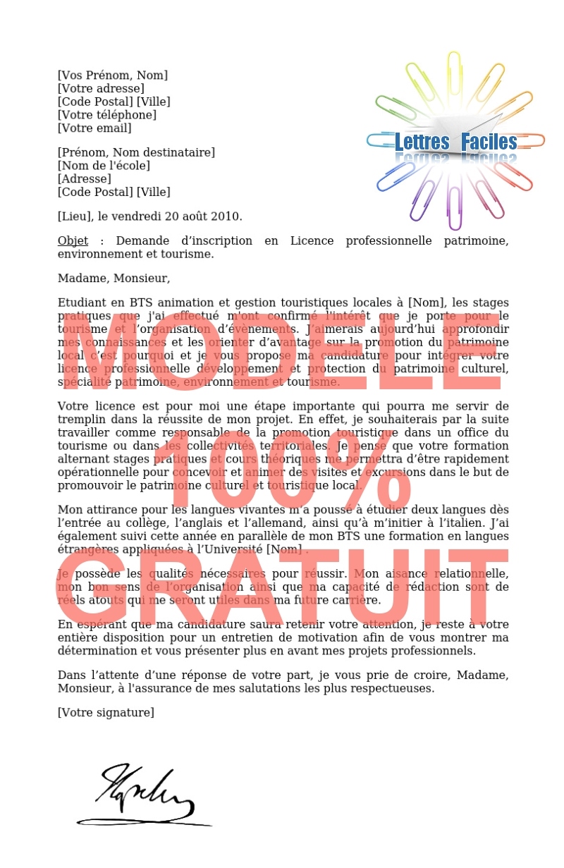 Lettre de motivation Licence pro développement et protection du patrimoine culturel  (spécialité patrimoine, environnement et tourisme) - Modèle de lettre Gratuit !