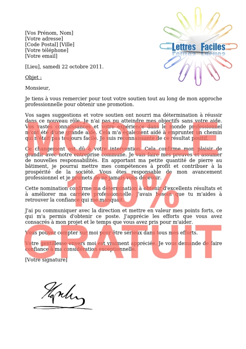 Salariés, Remercier un chef de service pour son soutien et votre promotion - Modèle de lettre Gratuit !