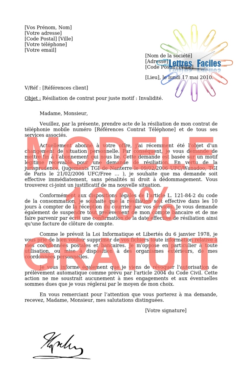 Résiliation abonnement Téléphone portable  (invalidité, maladie) - Modèle de lettre Gratuit !