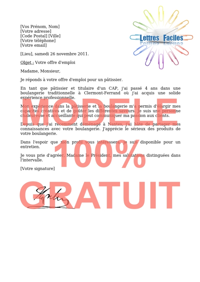 Modèle de Lettre de motivation Boulanger Pâtissier - Modèle de lettre Gratuit !