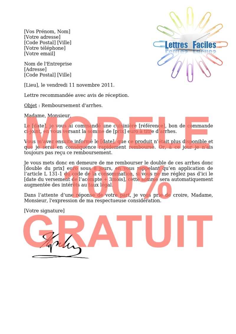 Remboursement d'arrhes  (commande non honorée) - Modèle de lettre Gratuit !