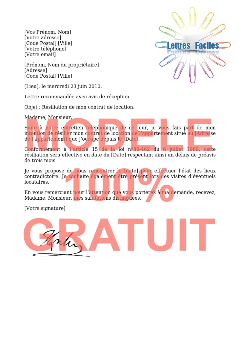 Résiliation du bail d’habitation, contrat de location  (préavis de 3 mois) - Modèle de lettre Gratuit !