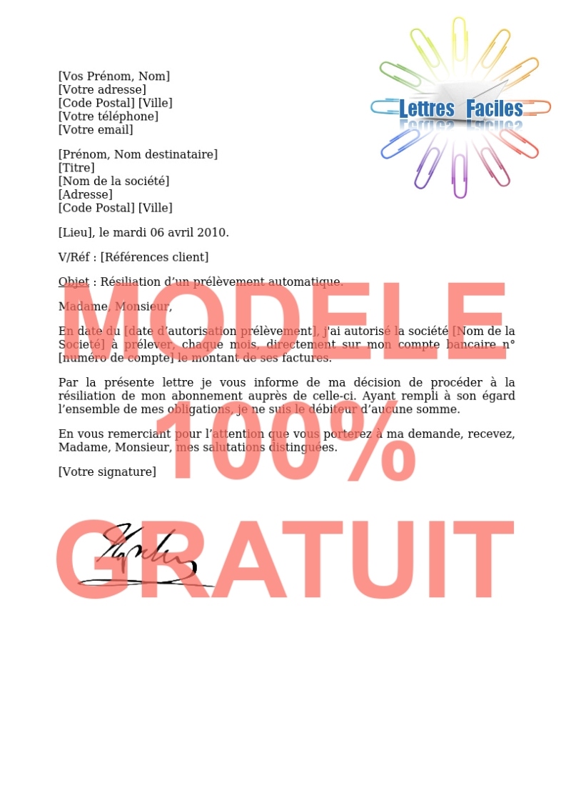 Annulation d’un prélèvement automatique. - Modèle de lettre Gratuit !