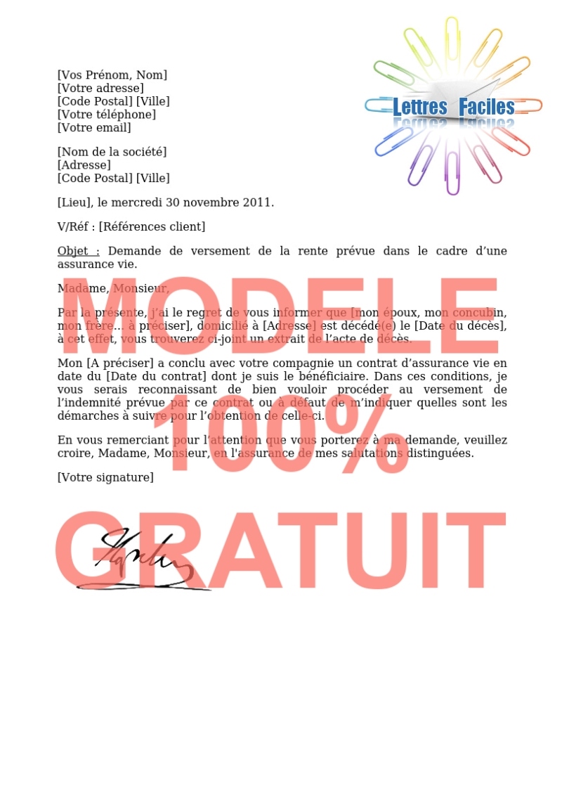 Demande de versement prime d'assurance vie  (décès) - Modèle de lettre Gratuit !