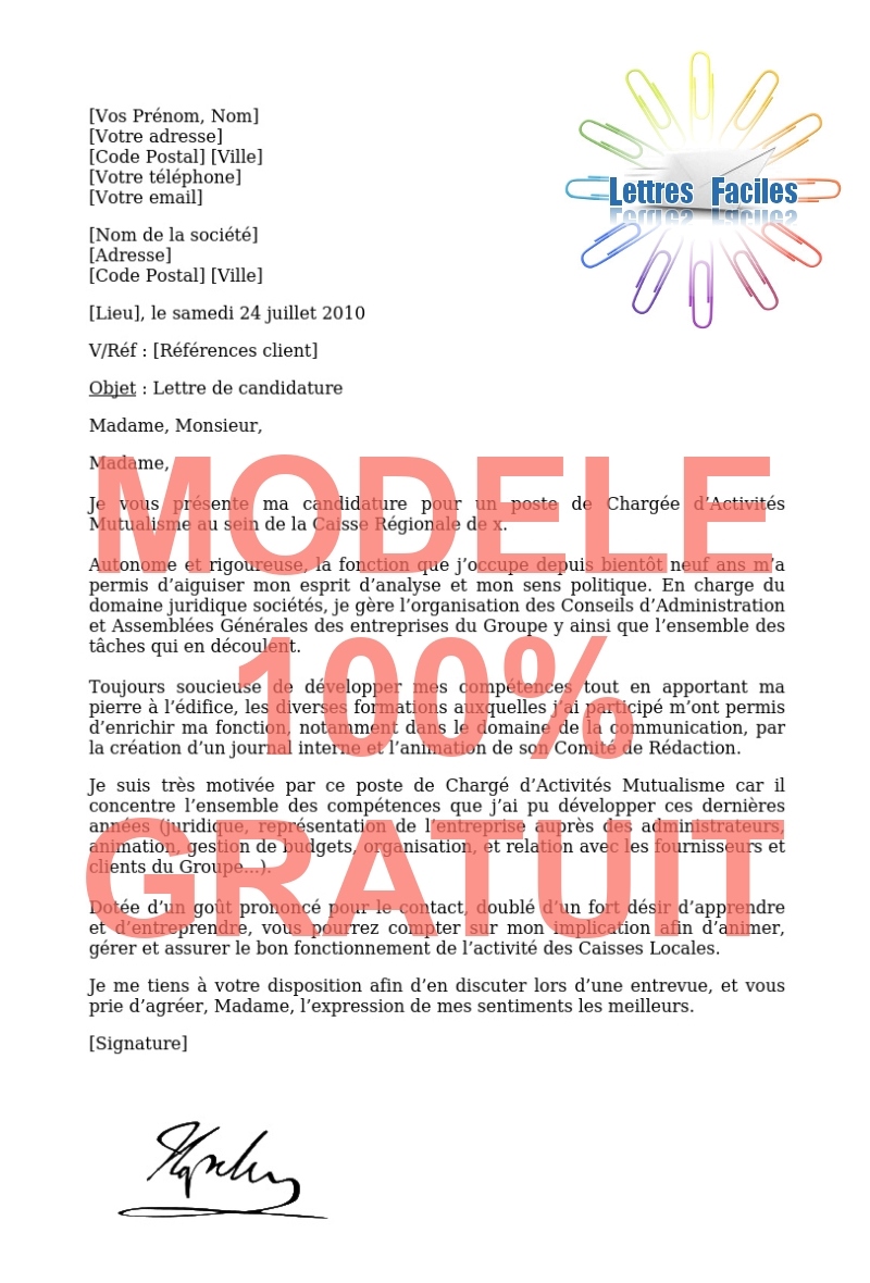 CANDIDATURE A UN POSTE DE CHARGE D'ACTIVITES MUTUALISME - Modèle de lettre Gratuit !