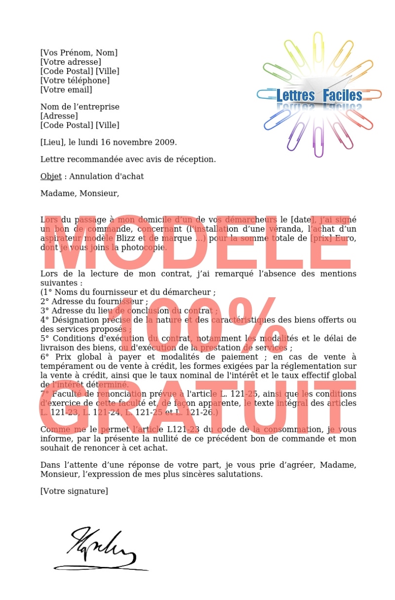 Annulation d'achat  (Démarchage à domicile, absence des mentions obligatoires) - Modèle de lettre Gratuit !