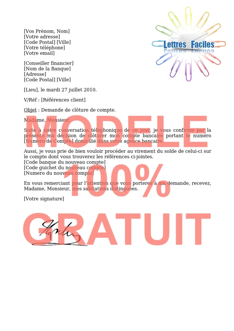 Demande de clôture de compte - Modèle de lettre Gratuit !