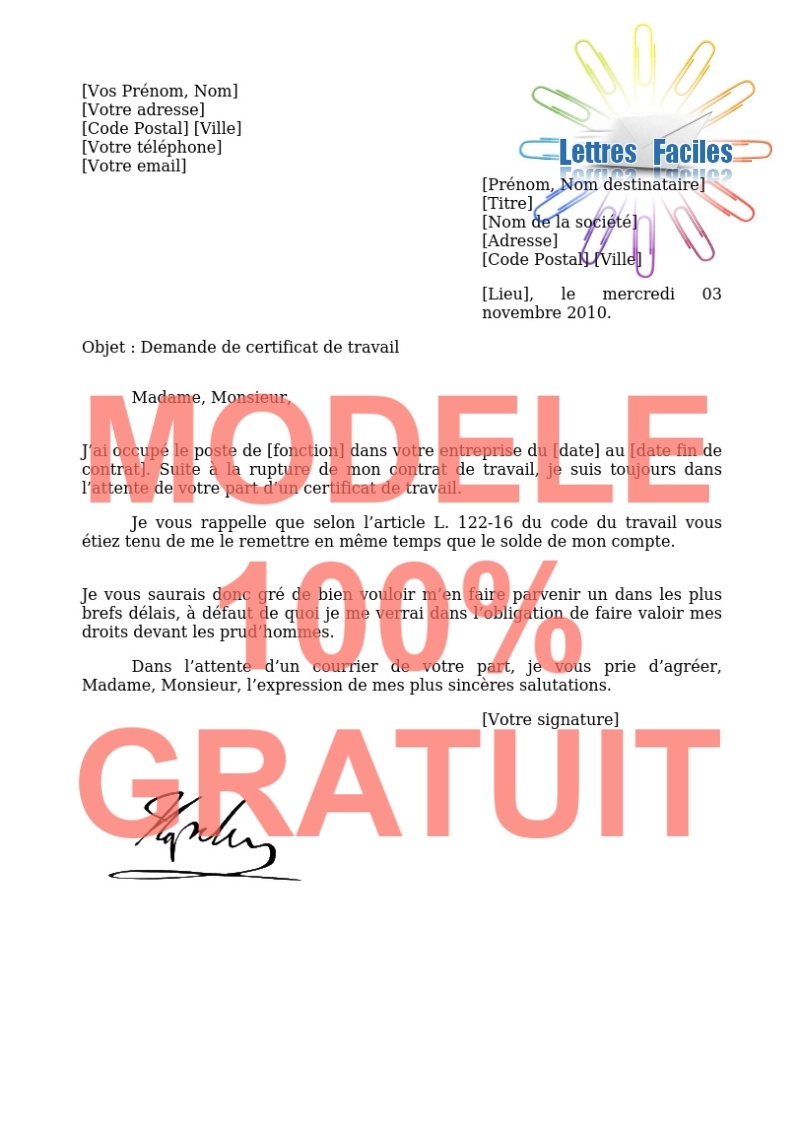 Demande d’un certificat de travail - Modèle de lettre Gratuit !