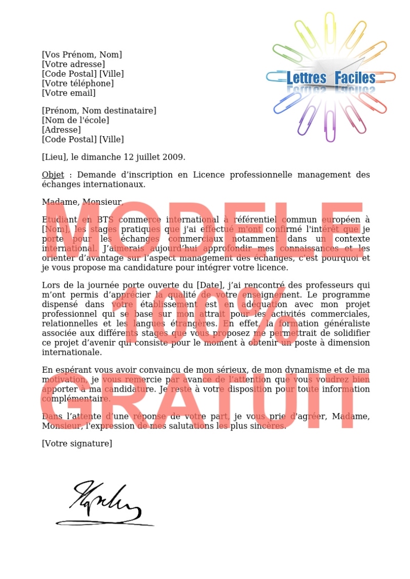 Lettre de motivation Licence pro management des échanges internationaux  (management des achats et des ventes à l'international) - Modèle de lettre Gratuit !