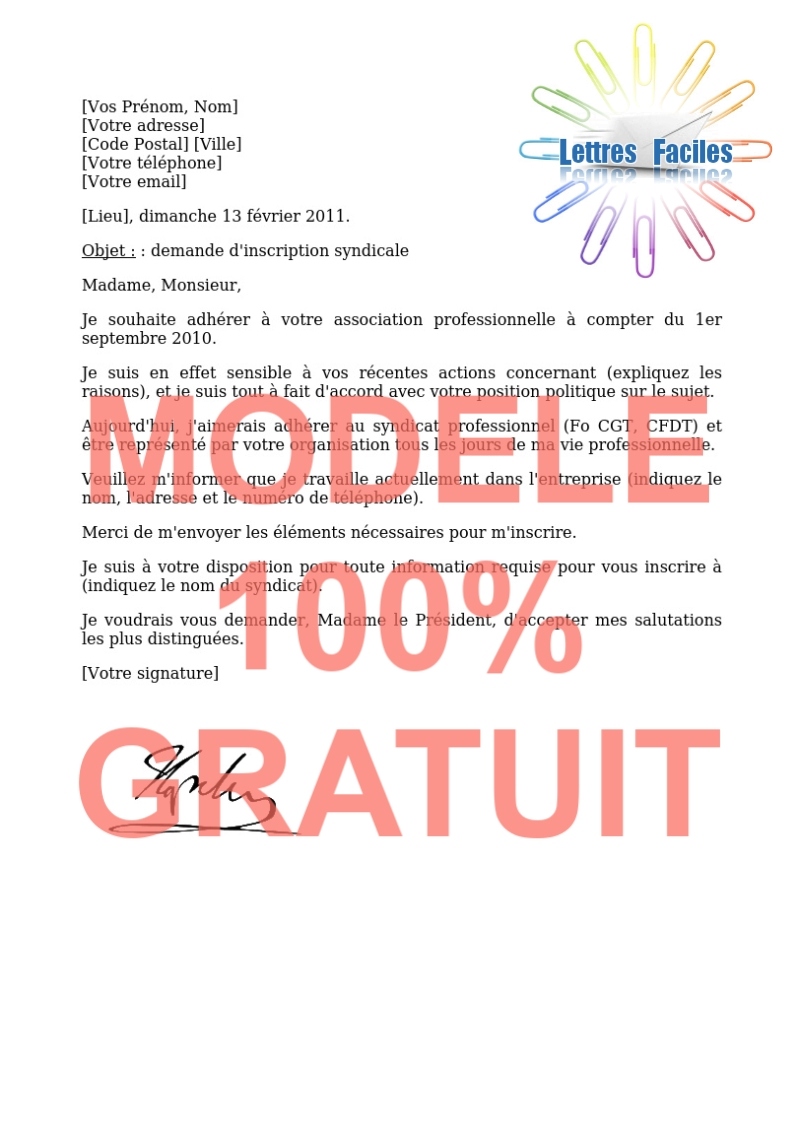 Salariés, Demande d'inscription à un syndicat | Rejoindre un syndicat - Modèle de lettre Gratuit !