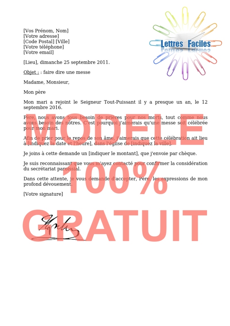 Décès, Exemple de Lettre de demande de messe pour un défunt à la paroisse - Modèle de lettre Gratuit !