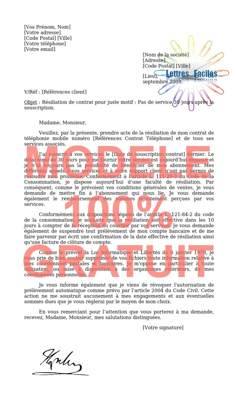 Résiliation abonnement Téléphone portable  (service indisponible 30 jours après la souscription) - Modèle de lettre Gratuit !