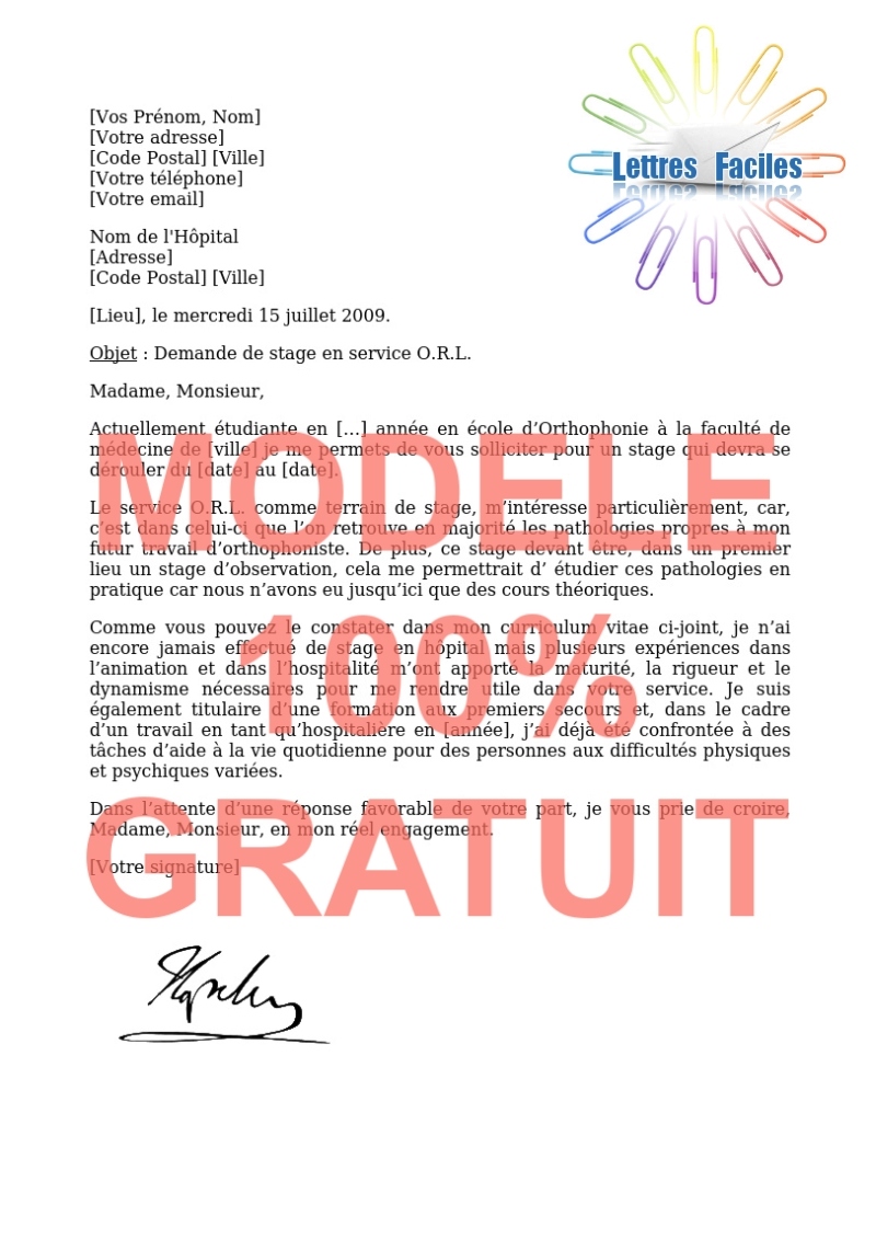 Lettre de motivation stage orthophoniste  (Service O.R.L.) - Modèle de lettre Gratuit !