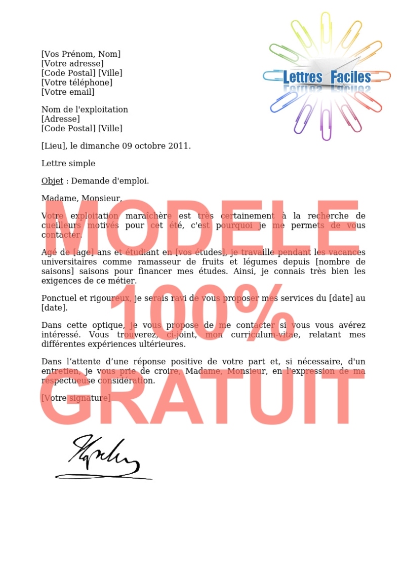 Lettre de motivation Cueillette fruits-légumes - Modèle de lettre Gratuit !