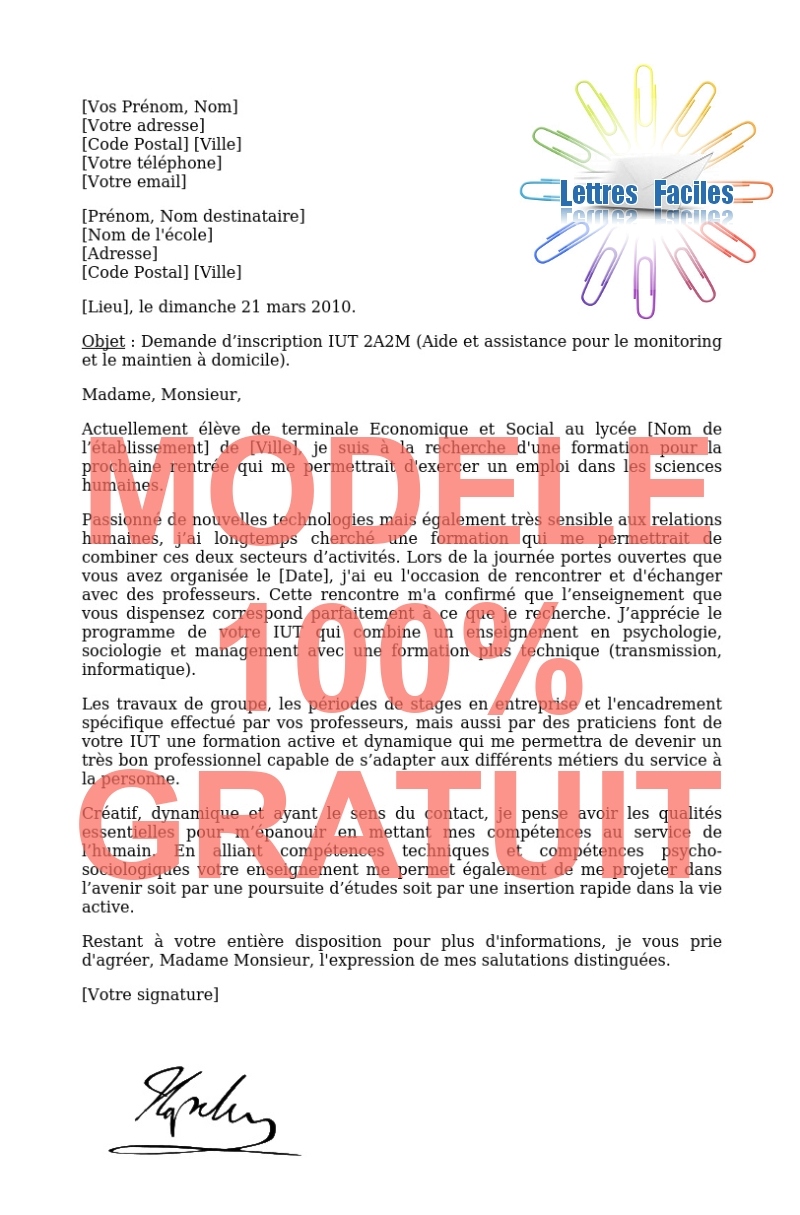 Lettre de motivation DUT 2A2M  (Aide et assistance pour le monitoring et le maintien à domicile) - Modèle de lettre Gratuit !