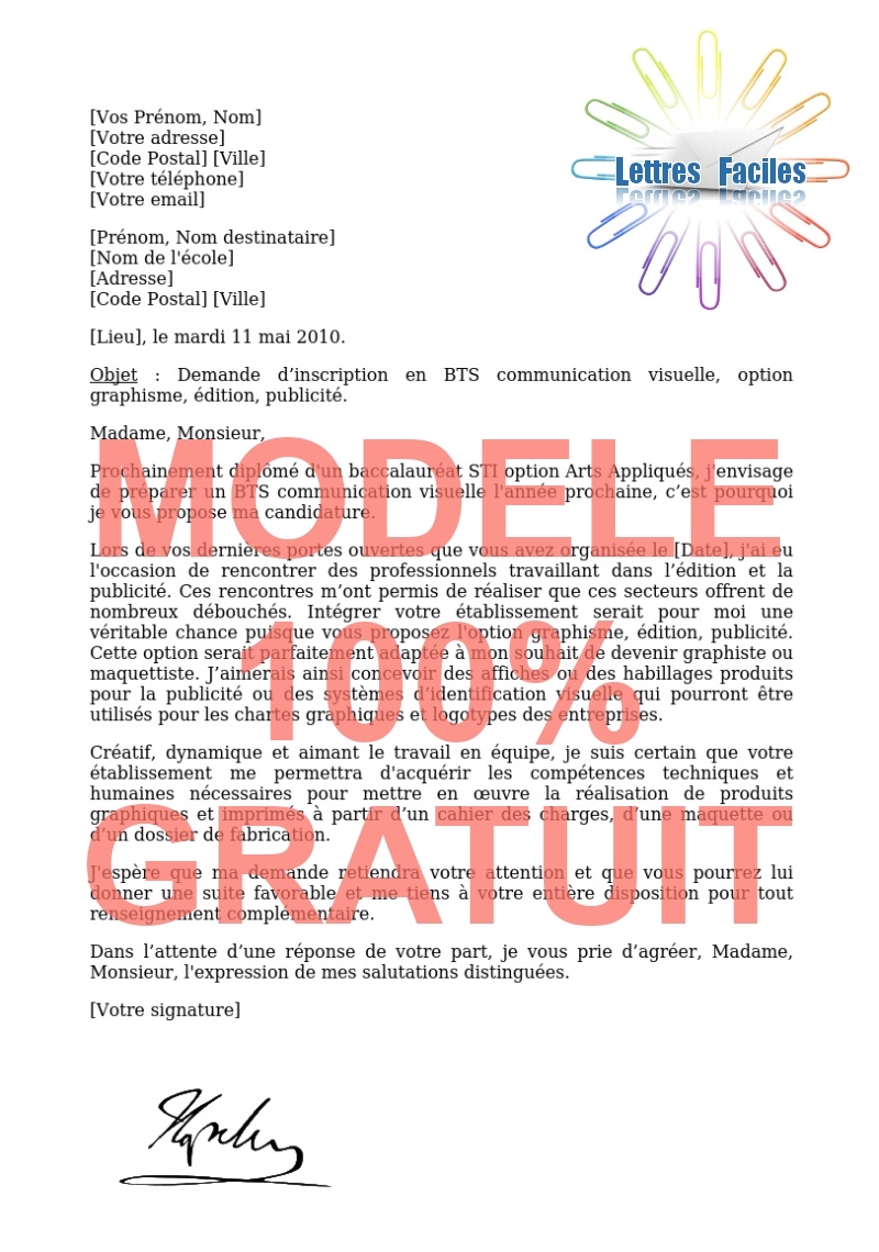 Lettre de motivation BTS communication visuelle, option graphisme, édition, publicité - Modèle de lettre Gratuit !