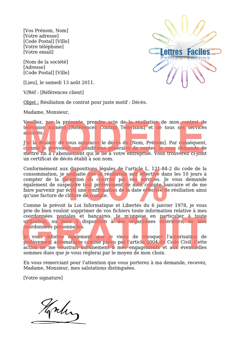 Résiliation abonnement Télévision  (décès) - Modèle de lettre Gratuit !