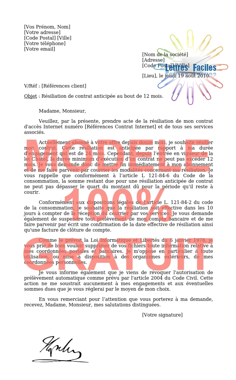 Résiliation abonnement Internet  (résiliation anticipée, 12 mois) - Modèle de lettre Gratuit !