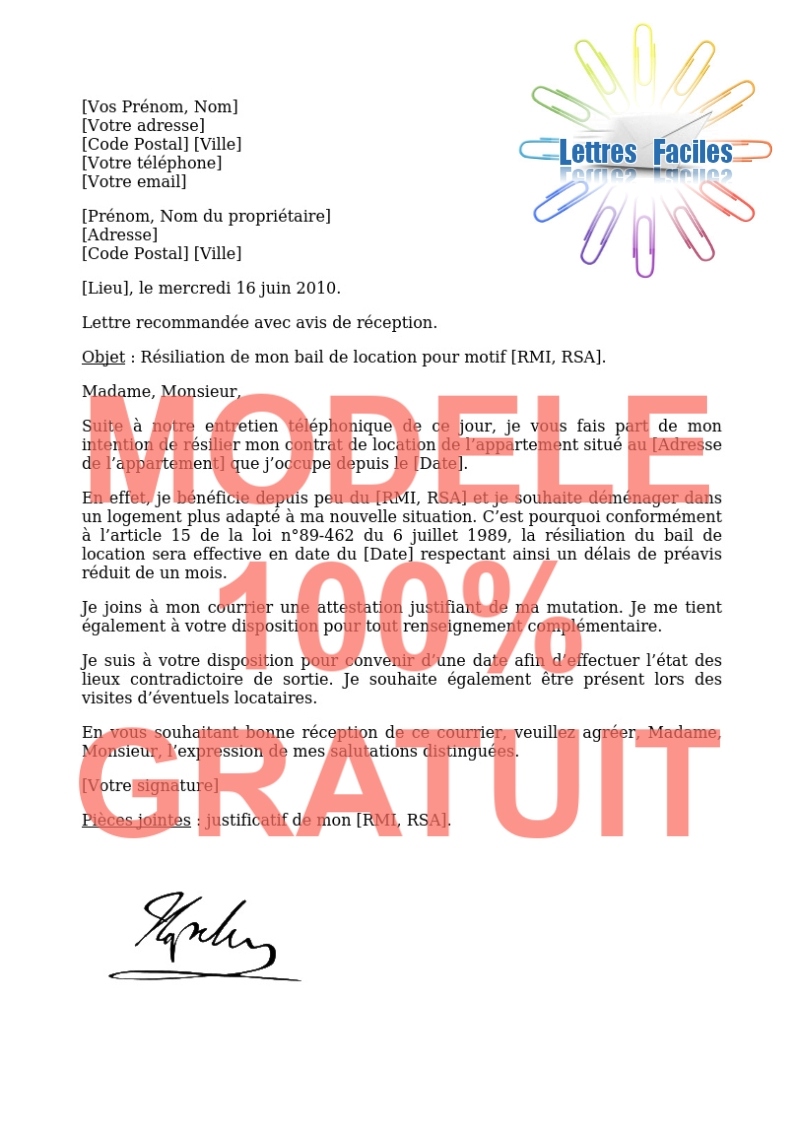 Résiliation du bail d’habitation, contrat de location  (préavis de 1 mois, motif RMI, RSA) - Modèle de lettre Gratuit !