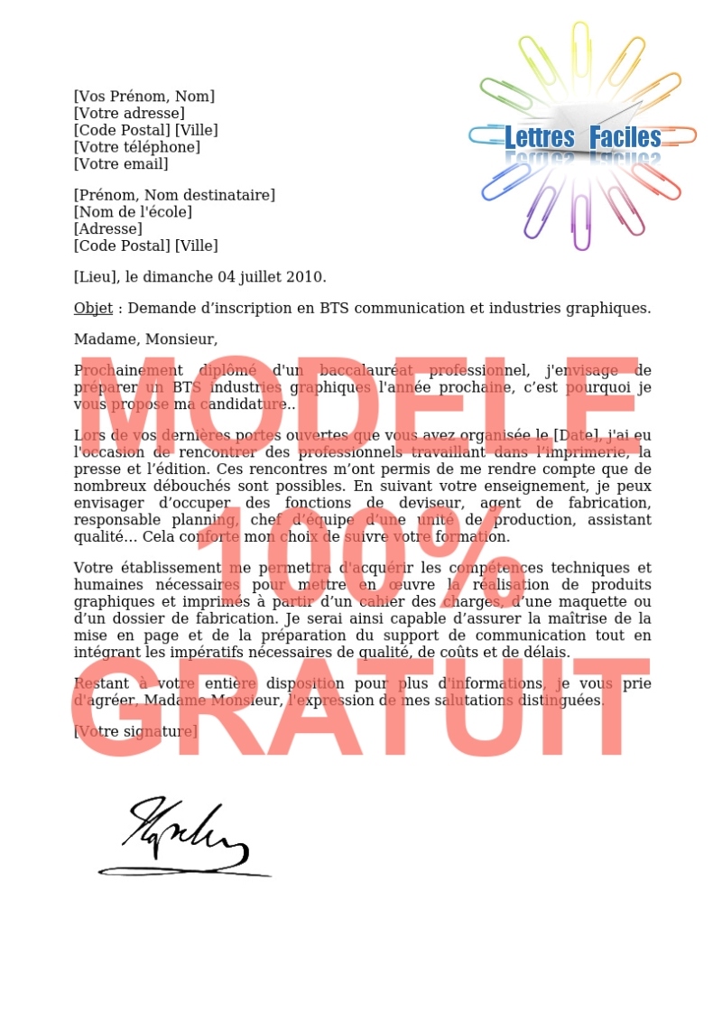 Lettre de motivation BTS communication et industries graphiques - Modèle de lettre Gratuit !