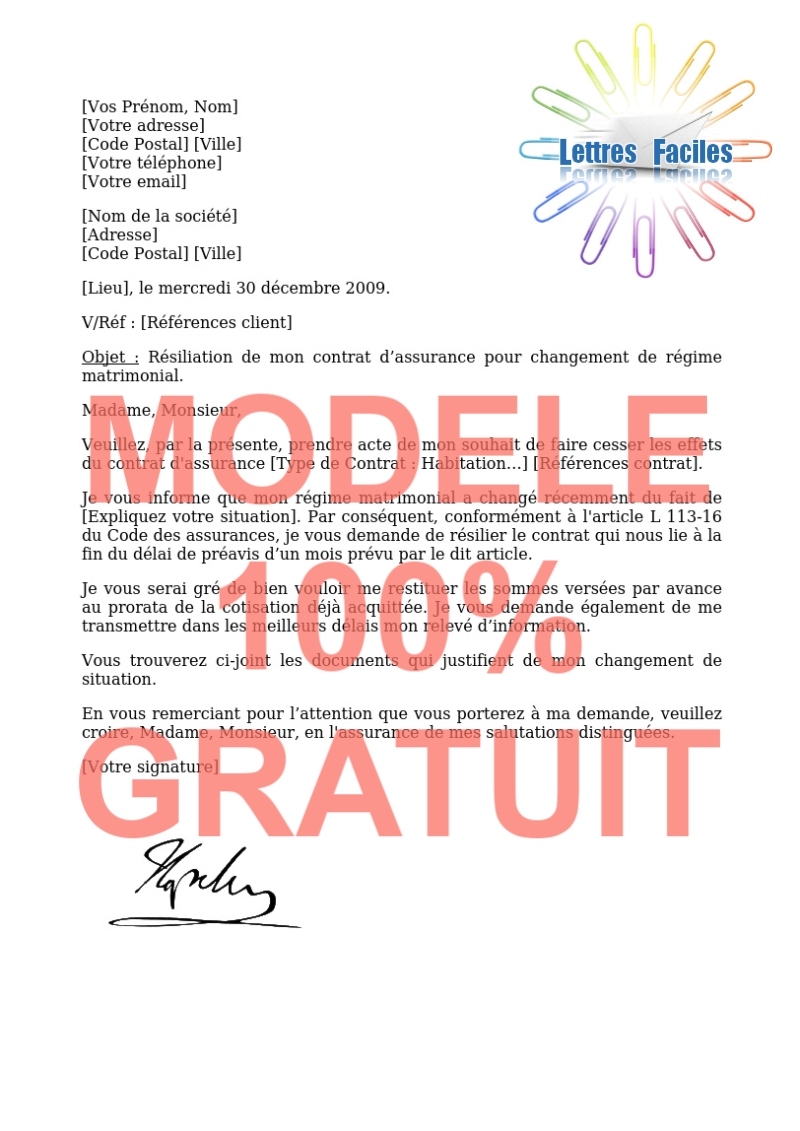 Résiliation contrat Assurance  (changement de régime matrimonial) - Modèle de lettre Gratuit !