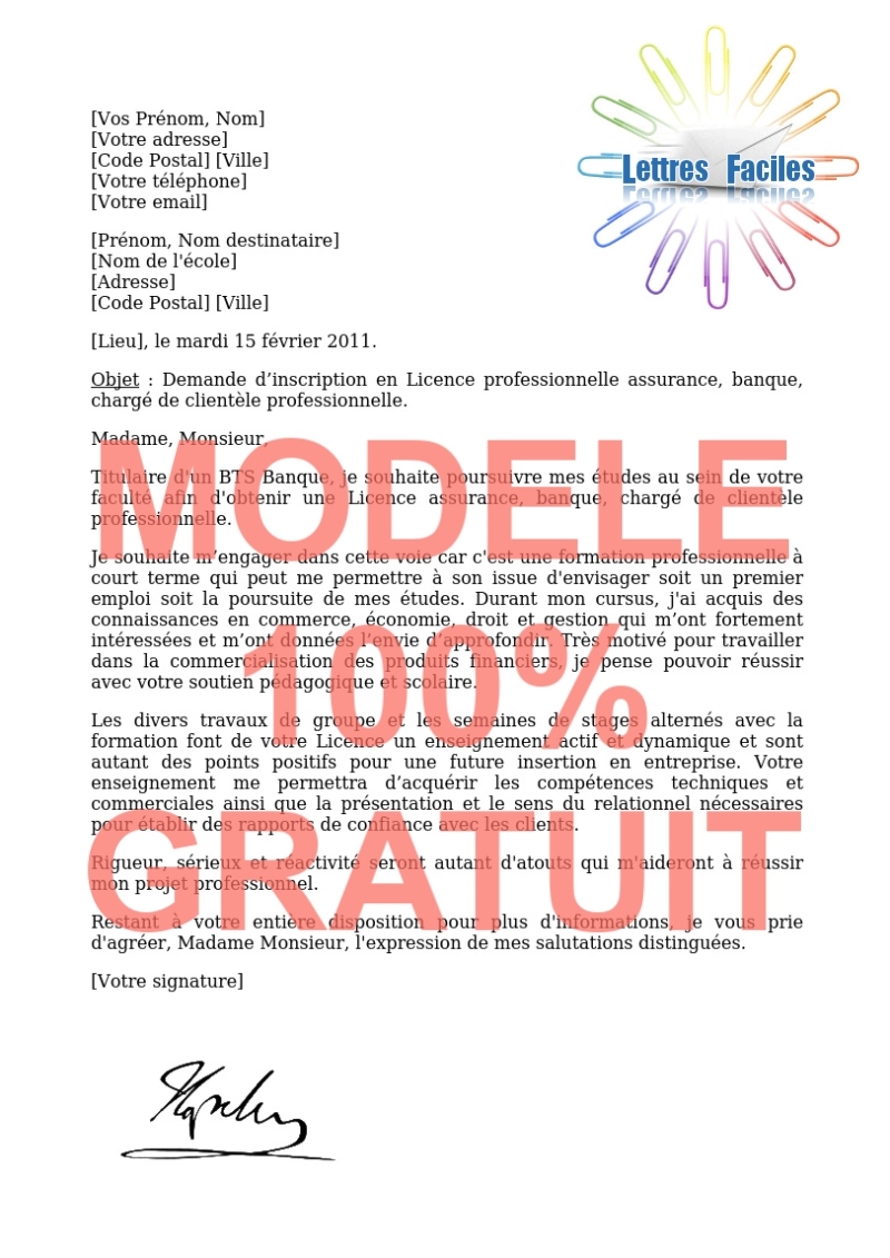 Lettre de motivation Licence pro assurance, banque, chargé de clientèle professionnelle - Modèle de lettre Gratuit !