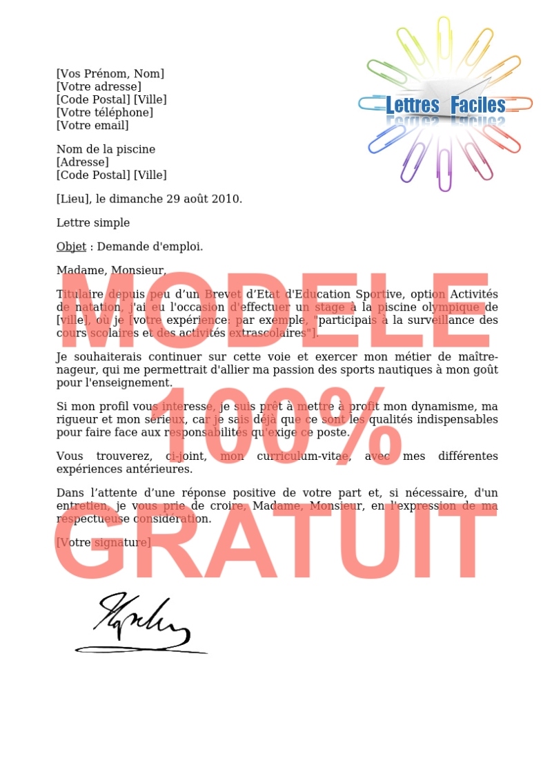 Lettre de motivation Maitre Nageur - Modèle de lettre Gratuit !