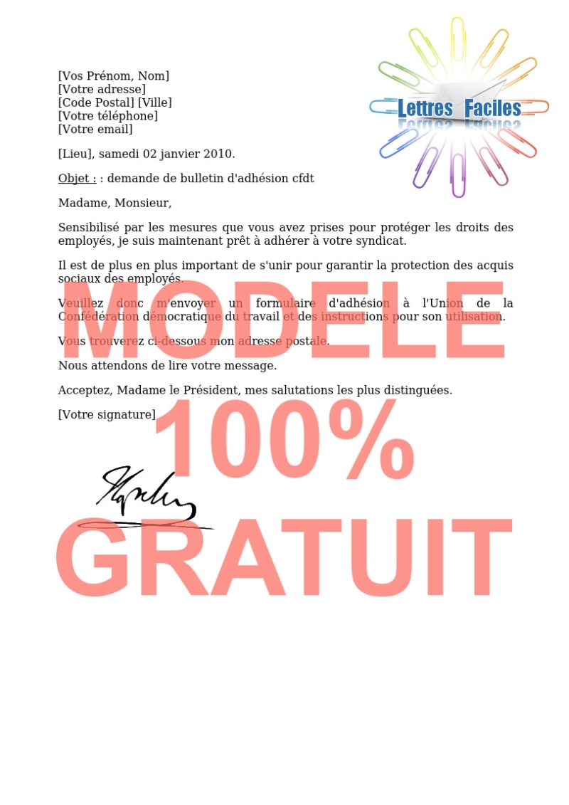 Salariés, Demande d'adhésion à la CFDT | Adhérer à la CFDT - Modèle de lettre Gratuit !