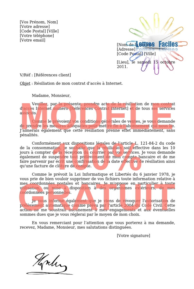 Résiliation abonnement Internet  (sans motif précis) - Modèle de lettre Gratuit !