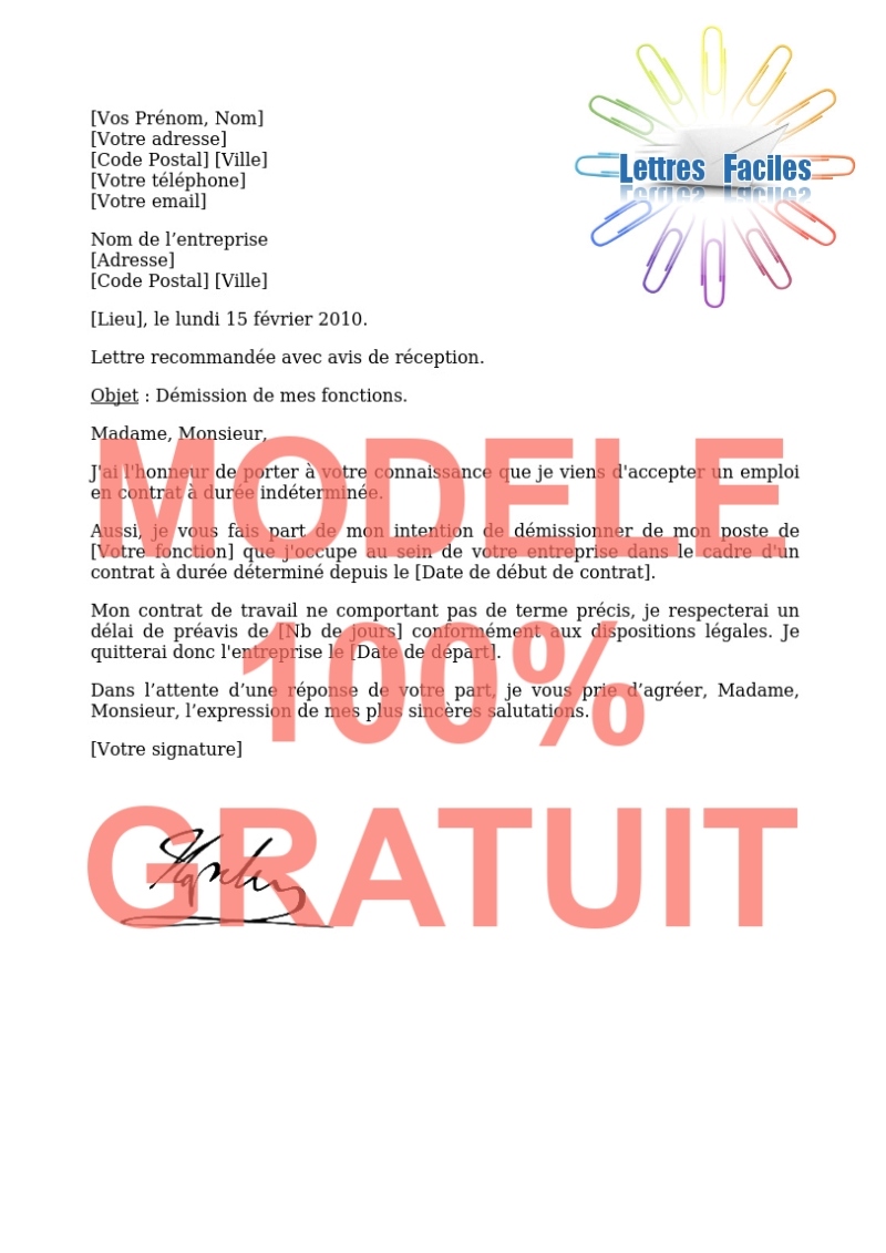 Lettre de démission  (CDD avec calcul du préavis) - Modèle de lettre Gratuit !