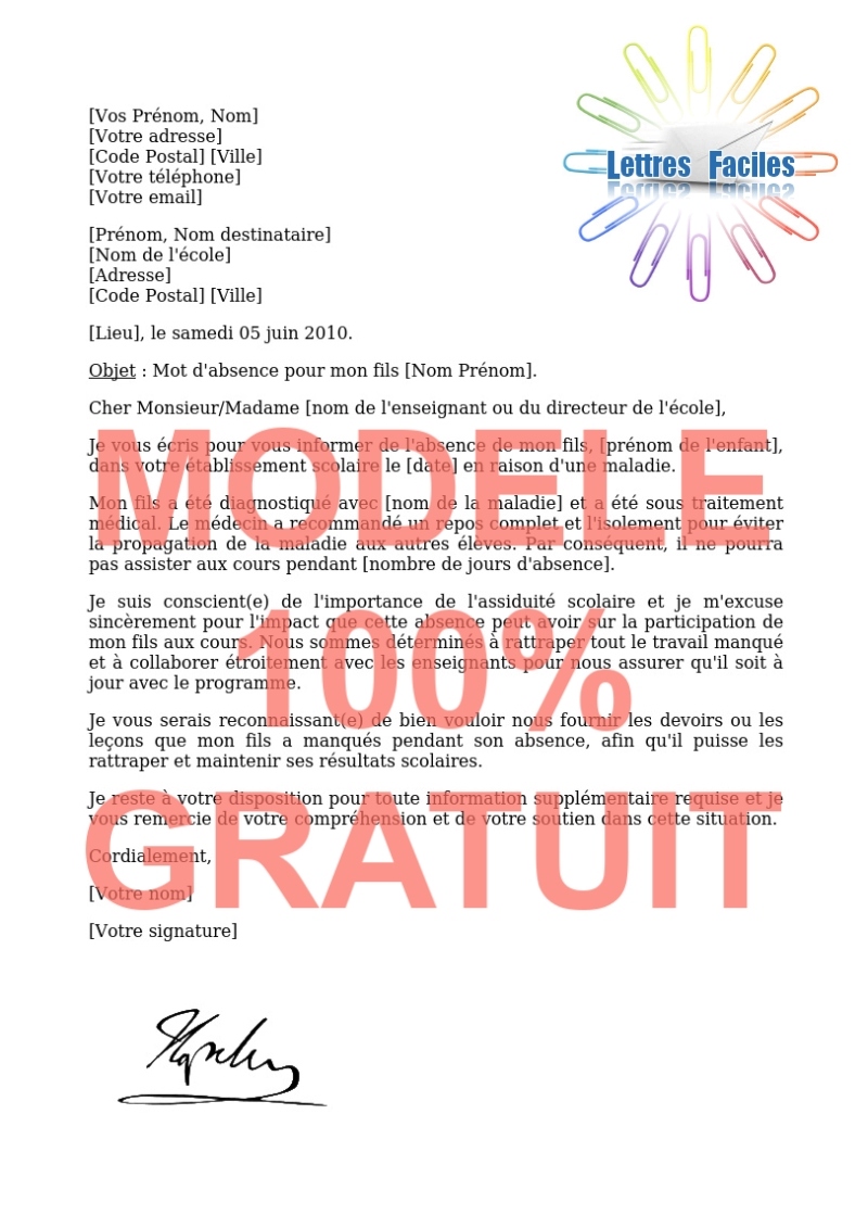 Modèle de lettre d’excuse pour justifier une absence à l’école, au Collège ou au Lycée - Modèle de lettre Gratuit !