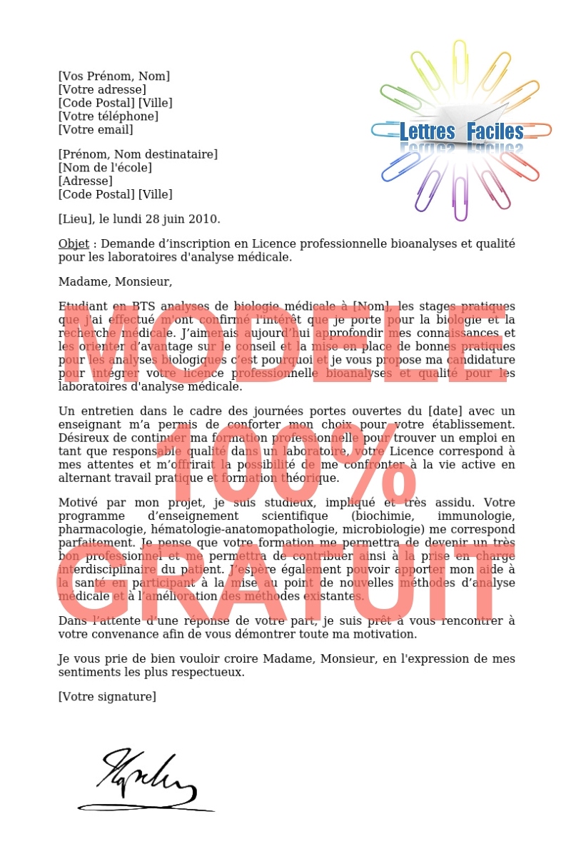 Lettre de motivation Licence pro bioanalyses et qualité pour les laboratoires d'analyse médicale - Modèle de lettre Gratuit !