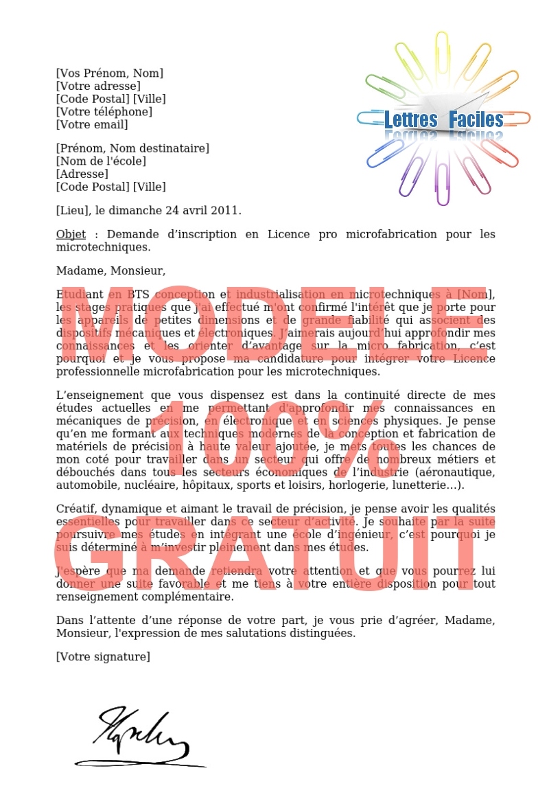 Lettre de motivation Licence pro microfabrication pour les microtechniques - Modèle de lettre Gratuit !