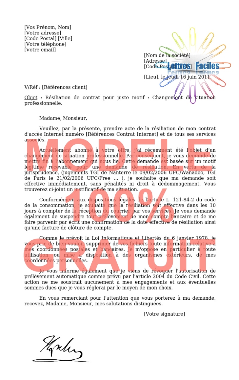 Résiliation abonnement Internet  (changement situation professionnelle) - Modèle de lettre Gratuit !