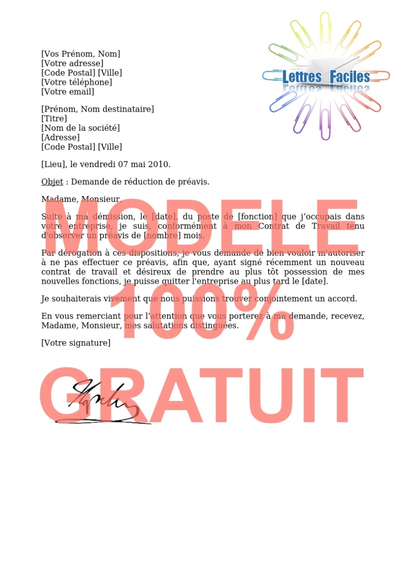 Demande de réduction de préavis - Modèle de lettre Gratuit !